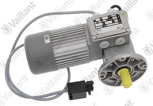 Vaillant Motor mit grauem Gehäuse und Anschlusskabel, ausgestattet mit einem Gelb gefärbten Antriebsrotor, montiert auf einer flachen Basis.